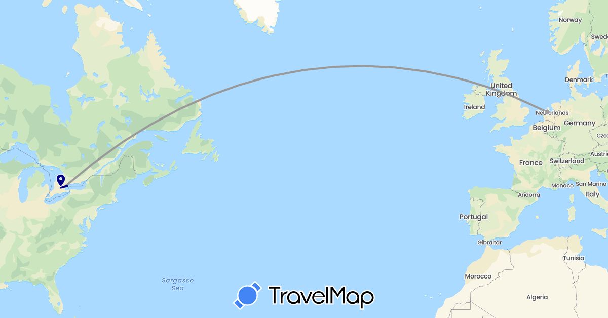 TravelMap itinerary: driving, plane in Canada, Netherlands (Europe, North America)